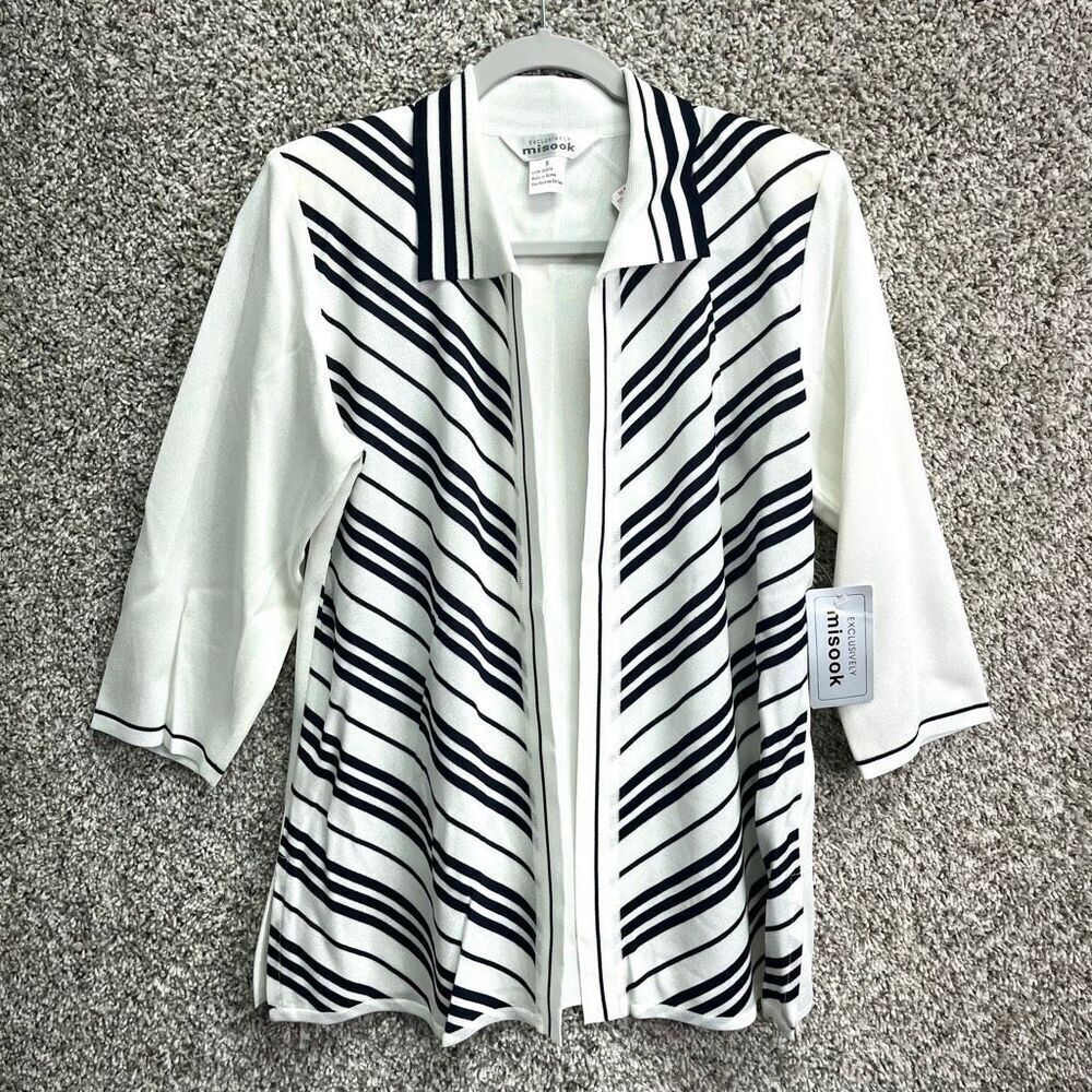 Exclusively Misook Cardigan Women’s Small Black and White Striped Open Front Kni